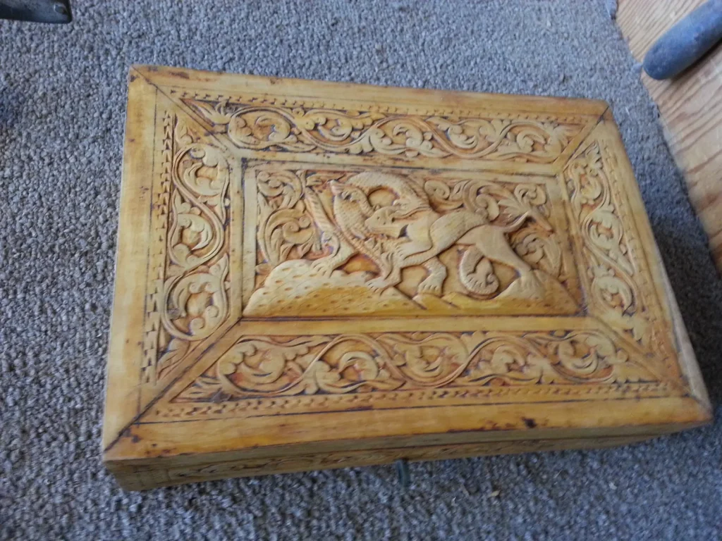 Egyptian Carved Jewelry Box — Repair & Refinishing — Before