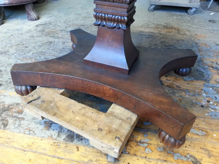 American Empire Burl Chestnut Drop Leaf Table restoration by Olek Inc.