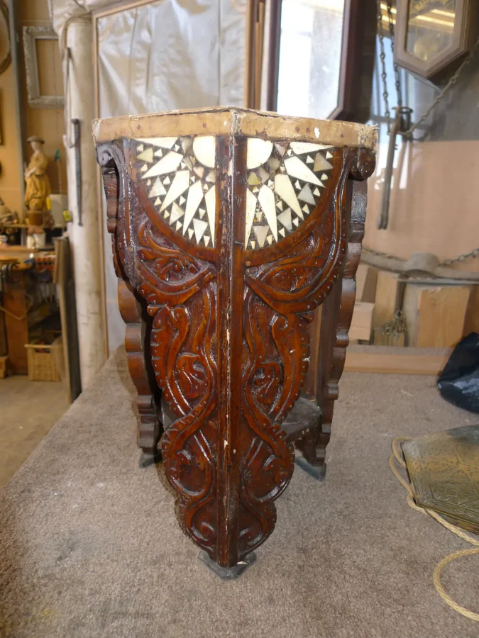 Middle Eastern Carved & Inlaid Lamp Table — Heirloom Restoration