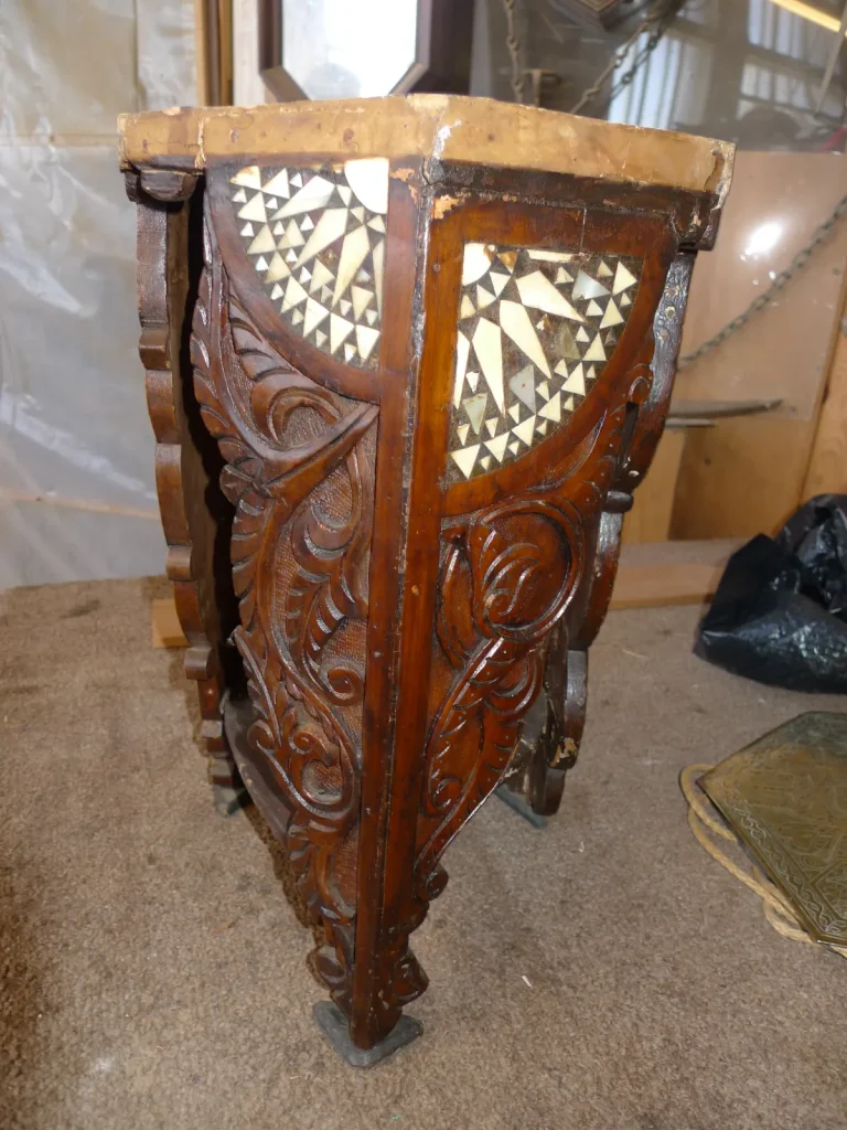 Middle Eastern Carved & Inlaid Lamp Table restoration by Olek Inc.