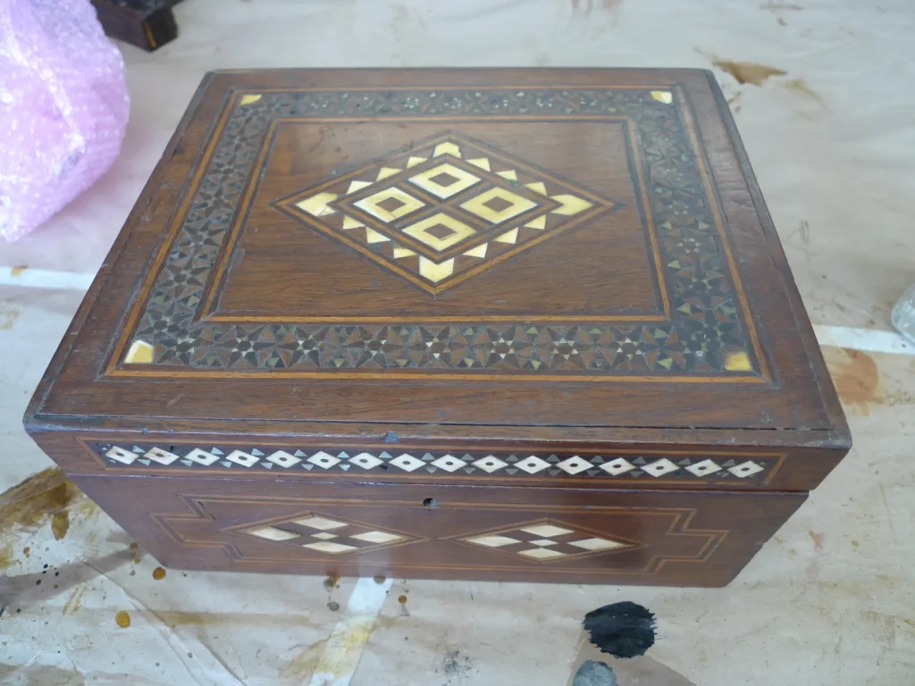 Egyptian Marquetry Jewelry Box — Repair & Refinishing — Before