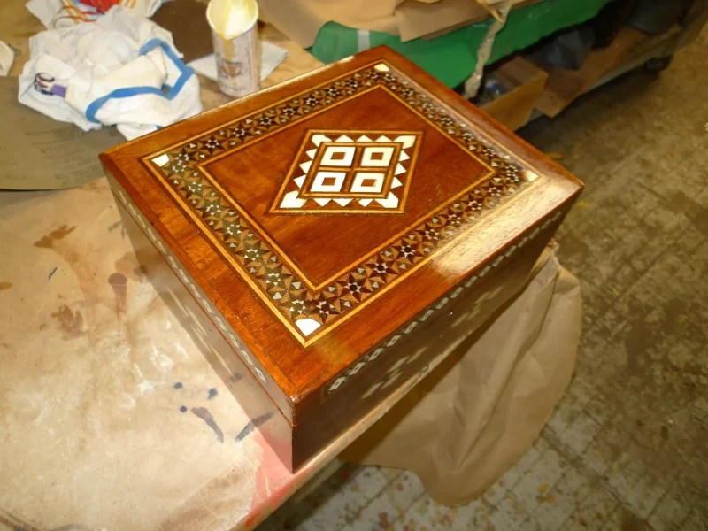 Egyptian marquetry jewelry box after repair and refinishing by Olek Inc.