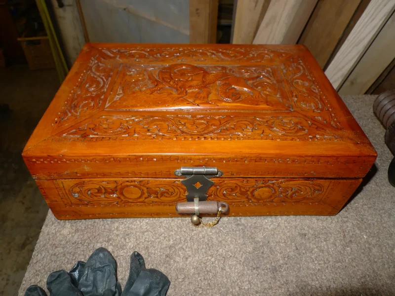 Egyptian Carved Jewelry Box — Repair & Refinishing — after restoration by Olek Inc.