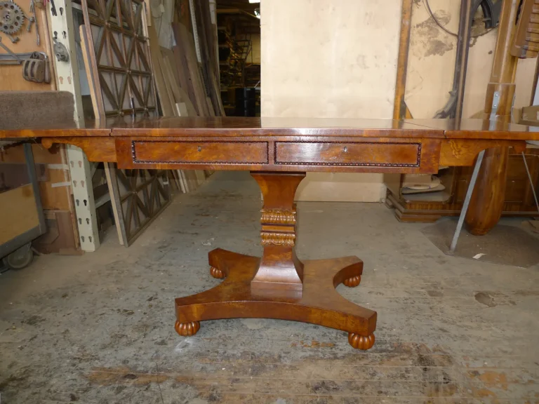 American Empire Burl Chestnut Drop Leaf Table restoration by Olek Inc.